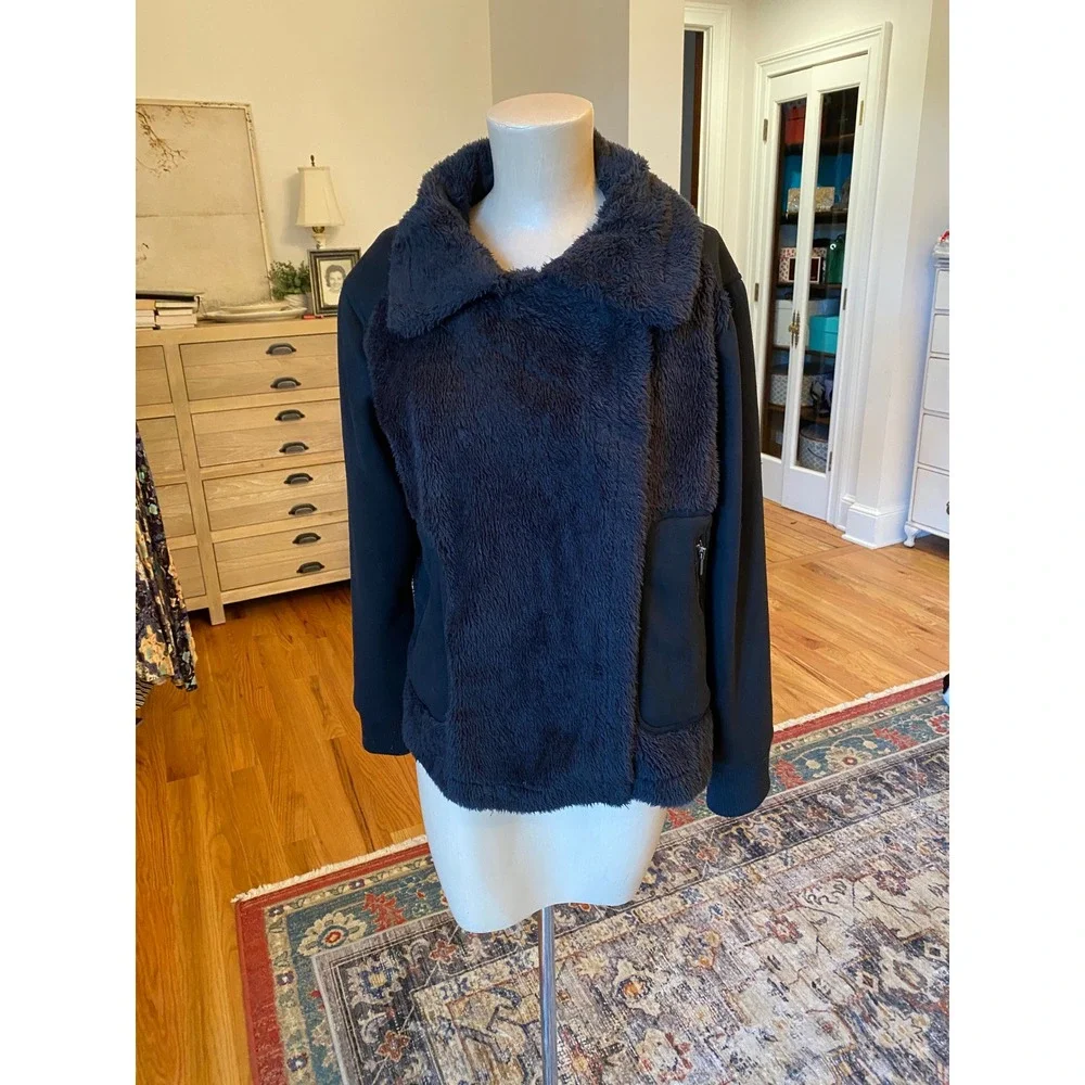 Democracy Black Asymmetrical Zip Faux Fur Moto Jacket Women's L